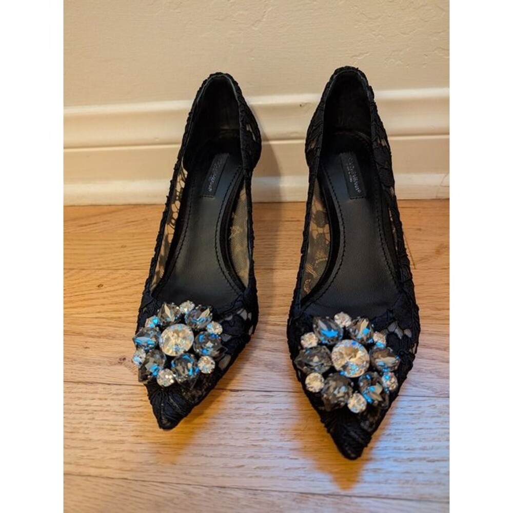 Dolce & Gabbana • Runway Pointed Toe Crystal Embellished Black Lace Heel Sz 37